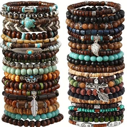 42pcs Vintage Bohemian Wooden Beaded Bracelet Set for Women & Men – Ethnic Stackable Boho Hand String Bracelets Random Mix, Outdoor Festival Holiday Jewelry Accessory Collection