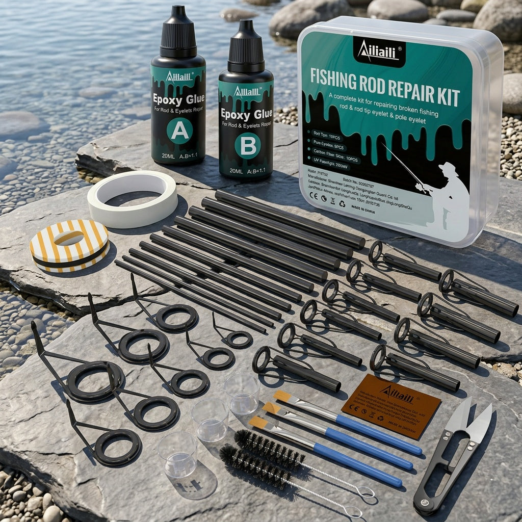 Fishing Rod Repair Kit Complete Set – Tip Top Rings, Rod Guides, AB Epoxy Glue, Winding Thread & Textured Paper, Full Replacement Supplies for Broken Rods