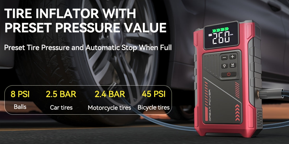 8000A Portable Jump Starter with Air Compressor – 12V Battery Booster for 8.0L Gas & 6.5L Diesel, USB Ports, LED Flashlight, Jump Box for Cars, Trucks & SUVs