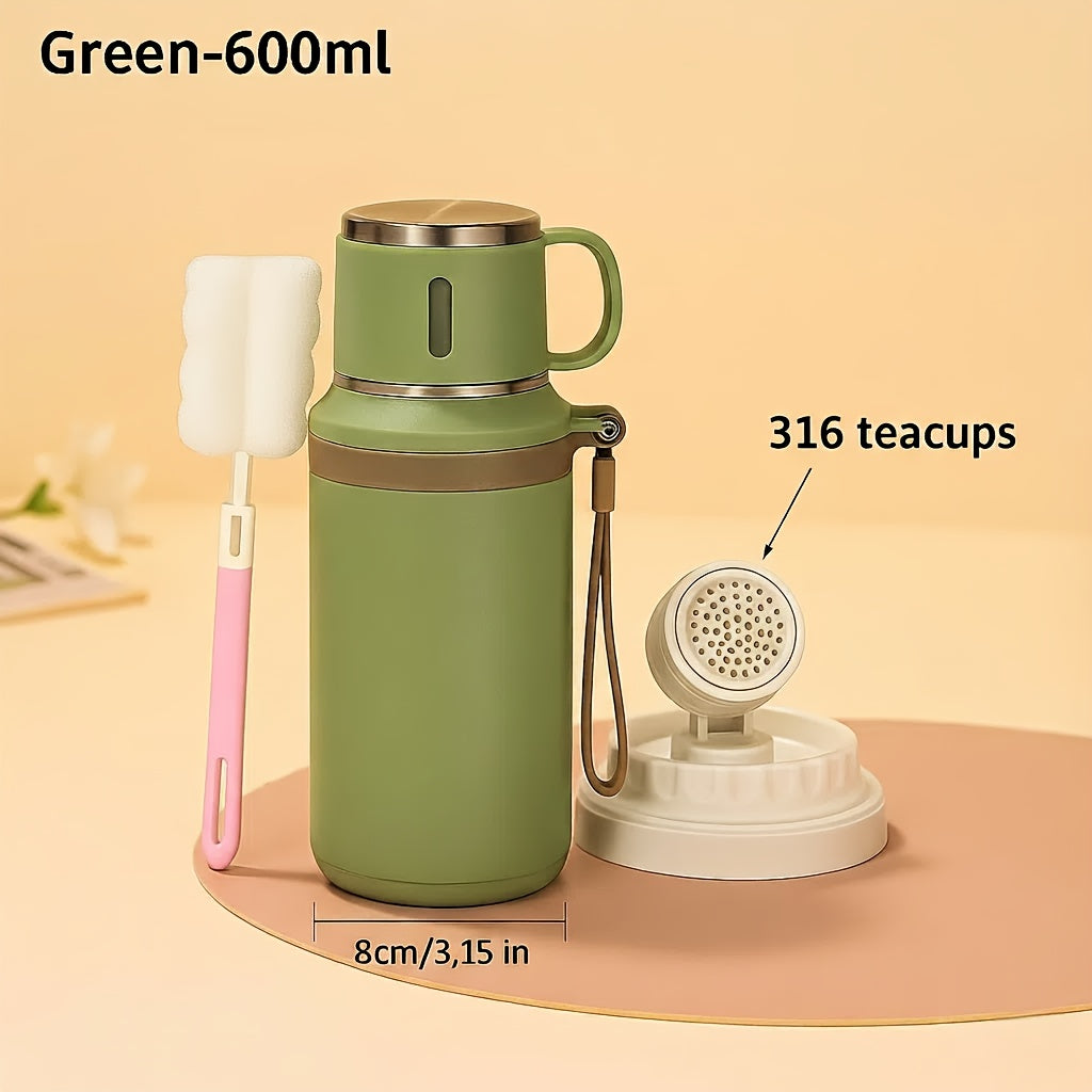 600ml Stainless Steel Tumbler Double Wall Vacuum Insulated Leak-Proof Lid with Handle Cleaning Brush Included Hot Cold Drinks Travel Office Gym Outdoor Water Bottle 20oz