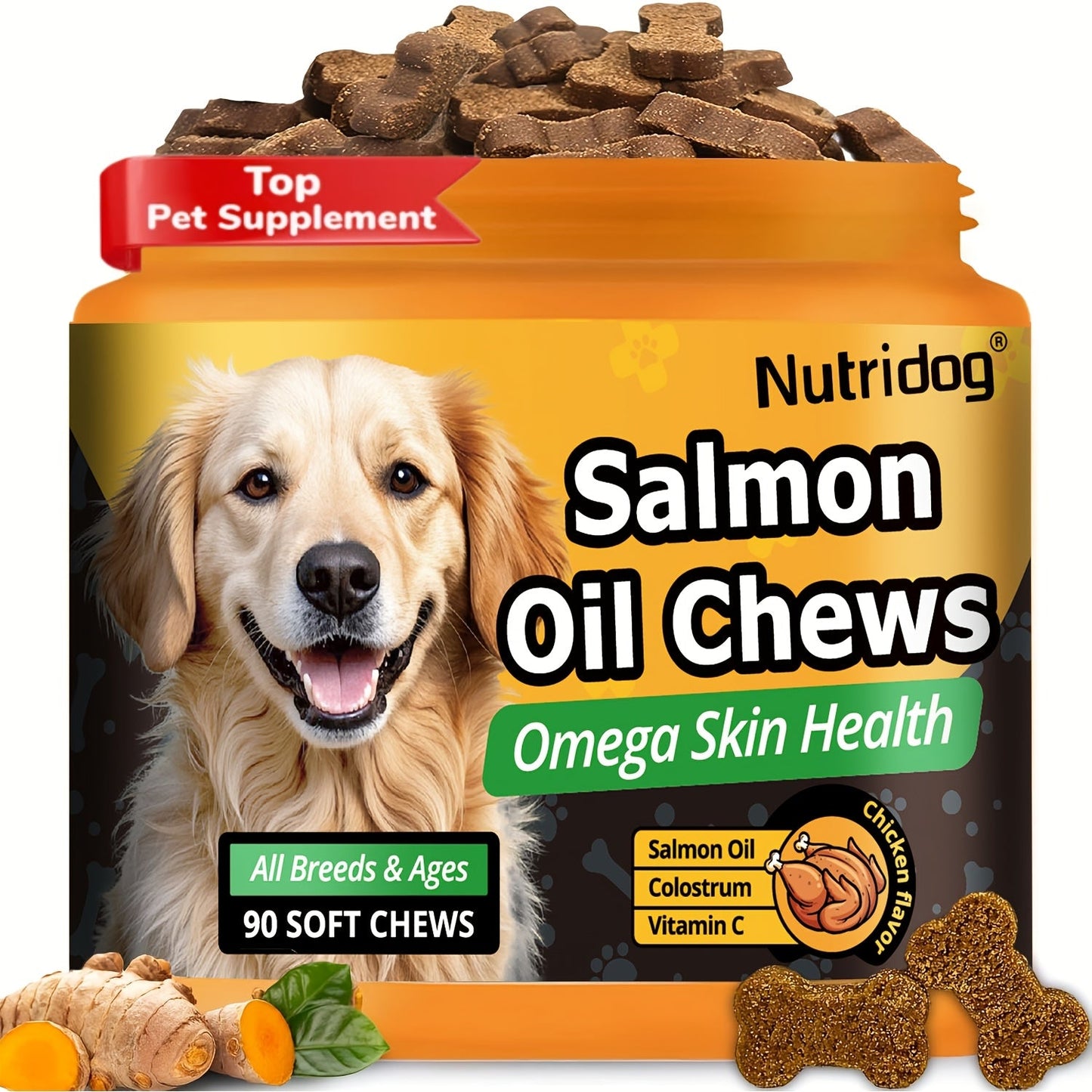 Dog Nutritional Supplement Soft Chews 90 Count with Probiotics Salmon Oil Chicken Flavor - Supports Coat Gut Health Immunity for Dogs All Ages 225g