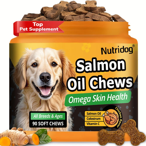 Dog Nutritional Supplement Soft Chews 90 Count with Probiotics Salmon Oil Chicken Flavor - Supports Coat Gut Health Immunity for Dogs All Ages 225g
