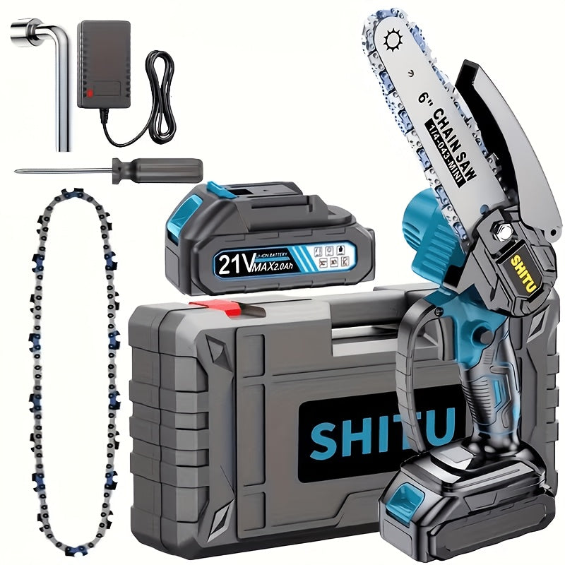 Mini Cordless Chainsaw Portable Handheld Electric Tree Cutter Splash Guard Security Lock Rechargeable for Garden Yard