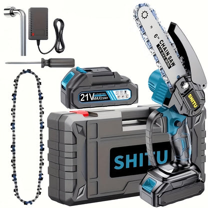 Mini Cordless Chainsaw Portable Handheld Electric Tree Cutter Splash Guard Security Lock Rechargeable for Garden Yard