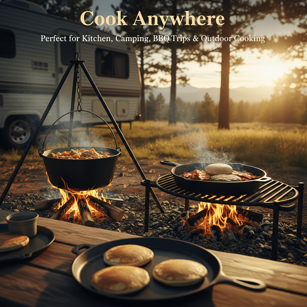 Cast Iron Cookware Set 6-Piece Non-Stick Skillet Dutch Oven Grill Pan Kit for Induction Gas Campfire BBQ Outdoor Cooking Kitchen