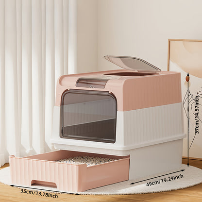 Large Covered Cat Litter Box with Pull-Out Drawer & Scoop – Fully Enclosed Cat Toilet, Front Entry Top Exit, Odor Control, Leak-Resistant Easy-Clean Tray for Multi-Cat Homes, Obsidian Black / Shell Gray / Sand Pink