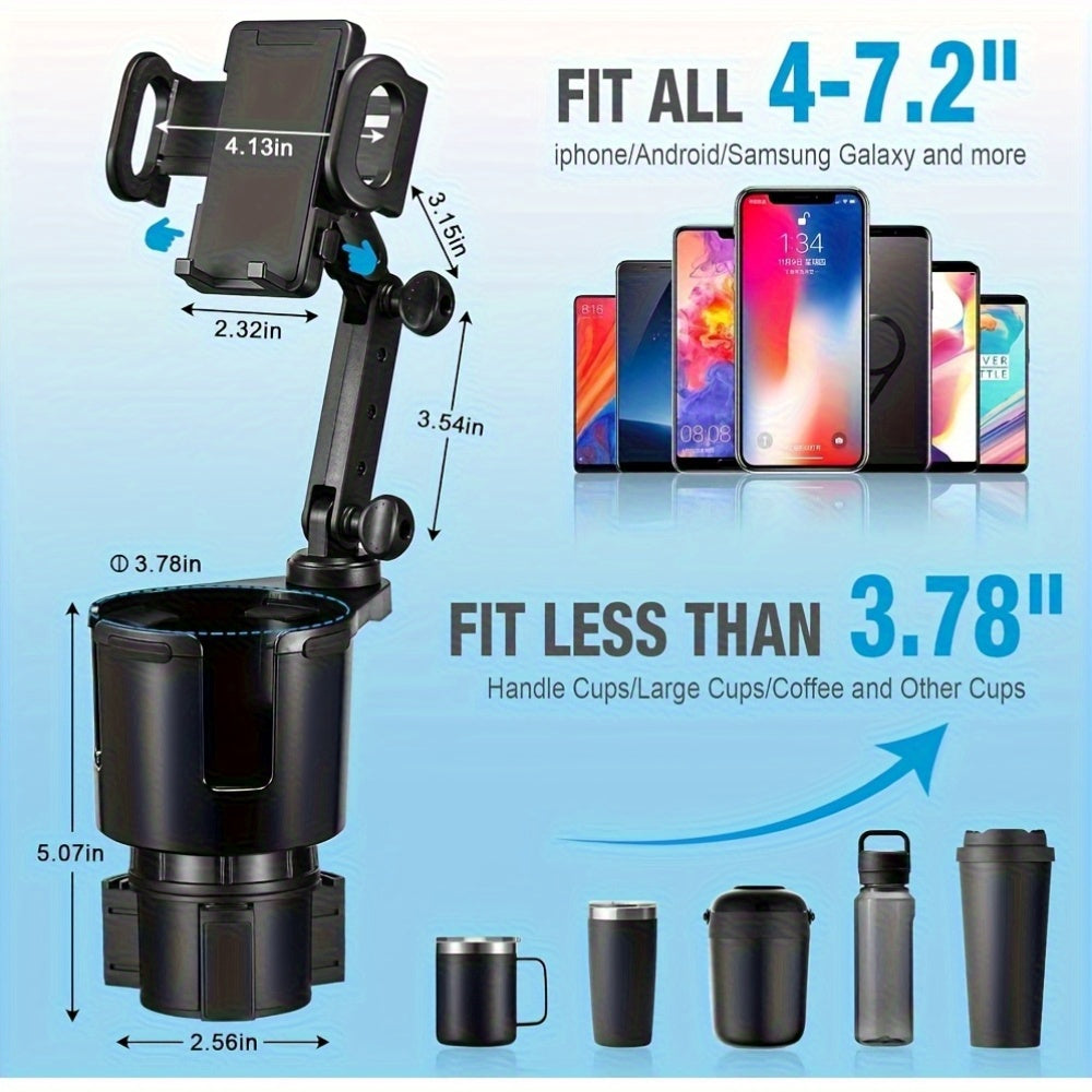 Car Phone Cup Holder Mount 2-in-1 Swivel 360° Rotation Universal Fit for Cars SUVs Trucks with Shock Absorption Trim - Black Extender