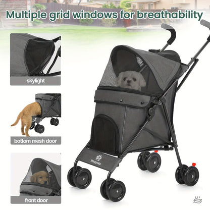 Portable Pet Stroller for Small Dogs & Cats – Foldable Travel Dog Stroller up to 33 lbs, Breathable Canopy, Smooth Wheels & Storage Basket, Ideal for Walks, Trips & Outdoor Adventures