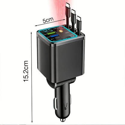 7-in-1 Car Charger with LED Color Light & 3 Retractable Cables – Fast Charging USB Hub, 180° Adjustable, Digital Display, Universal Fit for iPhone Android