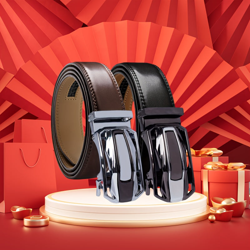 2-Pack Men's Ratchet Leather Belt Set – Sliding Adjustable Buckle, 1-3/8" Width, Sizes 26"-54", 3 Color Combos, Dress & Fashion Belt, Perfect Christmas & Father's Day Gift