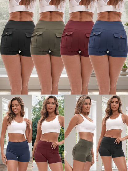 4-Piece Women's High-Stretch Yoga Shorts Set – Hip Lifting Quick-Dry Fitness Shorts with Elastic Waist & 2 Pockets, Solid Color Athletic Short Pants for Gym Running Pilates, S-XXL