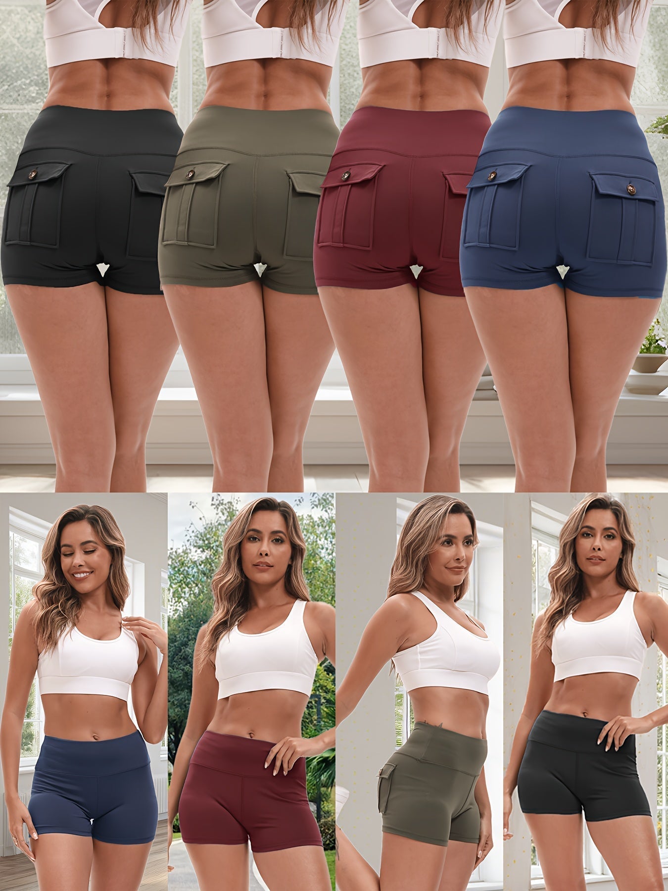 4-Piece Women's High-Stretch Yoga Shorts Set – Hip Lifting Quick-Dry Fitness Shorts with Elastic Waist & 2 Pockets, Solid Color Athletic Short Pants for Gym Running Pilates, S-XXL