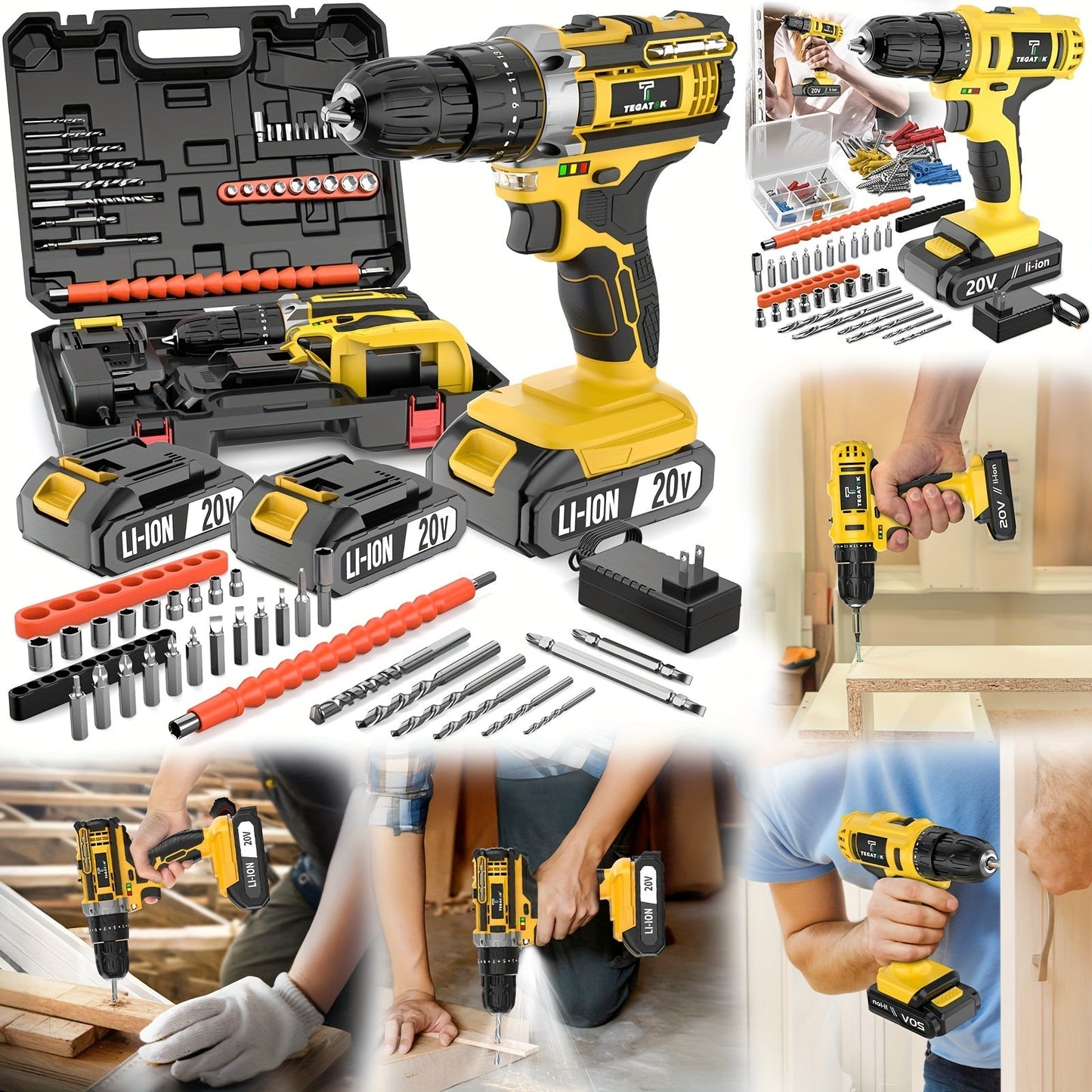 20V Cordless Drill Set with Battery & Fast Charger – Impact Power Drill, 45Nm Torque, 3/8" Keyless Chuck, 18+3 Clutch, 2-Speed, LED Work Light for Home & DIY