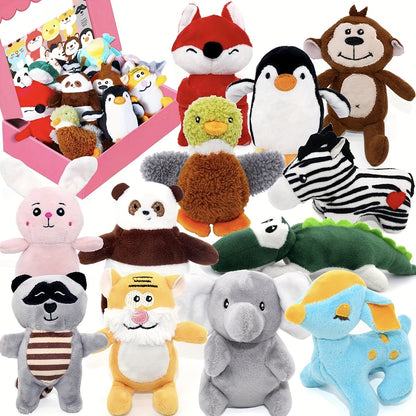 12-Pack Squeaky Stuffed Animal Dog Toys Plush Puppy Toys for Small Medium Dogs - Soft Chew Teething Toys with Gift Box Fox Tiger Rabbit Panda & More