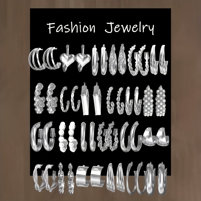 24 Pairs Fashion Alloy Earrings Set for Women – Zinc Alloy with Stainless Steel Studs Hypoallergenic Everyday Party Holiday Jewelry Gift Year-Round Styling