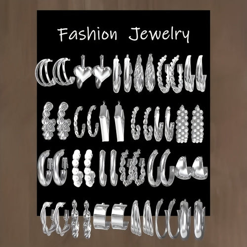 24 Pairs Fashion Alloy Earrings Set for Women – Zinc Alloy with Stainless Steel Studs Hypoallergenic Everyday Party Holiday Jewelry Gift Year-Round Styling