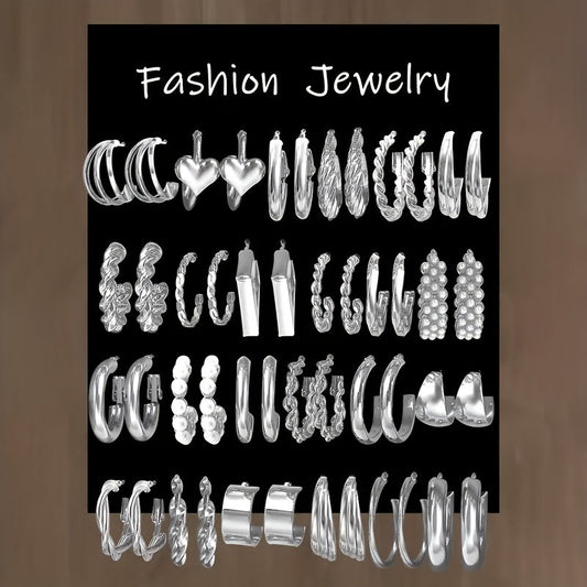 24 Pairs Fashion Alloy Earrings Set for Women – Zinc Alloy with Stainless Steel Studs Hypoallergenic Everyday Party Holiday Jewelry Gift Year-Round Styling