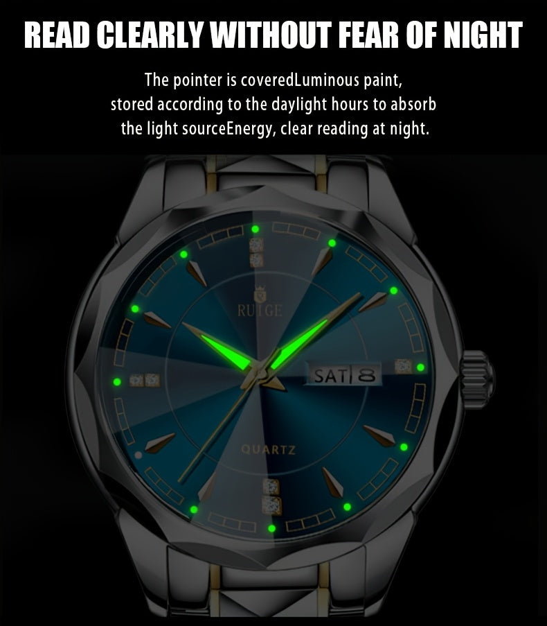 Men's Luxury Quartz Chronograph Watch – Luminous Blue Dial, Stainless Steel Case & Strap, Calendar Date Display, Elegant Business Dress Watch Gift for Him