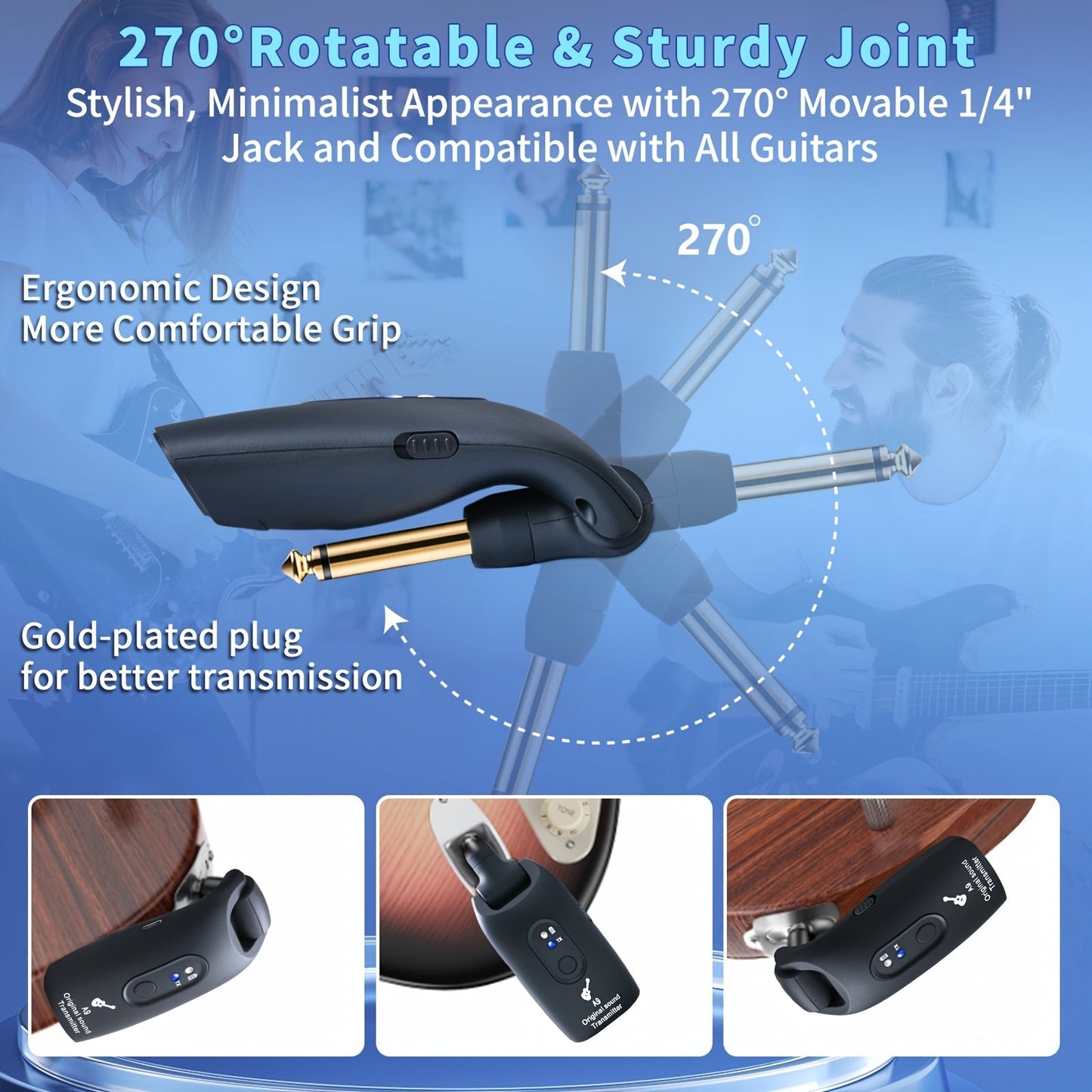 Wireless Guitar System 2.4GHz with 270° Rotatable Plug & Built-In Rechargeable Battery – Transmitter Receiver for Electric Guitar, Acoustic, Bass, Violin & Keyboard – Velora
