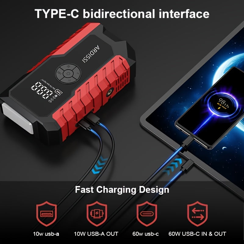 Portable Car Jump Starter 7-in-1 10000mAh 5000A Peak – 150PSI Digital Tire Inflator, LED Emergency Light & USB Charging for 12V Gas & Diesel Trucks SUVs Motorcycles – Holiday Gift for Men
