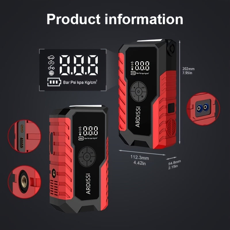 Portable Car Jump Starter 7-in-1 10000mAh 5000A Peak – 150PSI Digital Tire Inflator, LED Emergency Light & USB Charging for 12V Gas & Diesel Trucks SUVs Motorcycles – Holiday Gift for Men