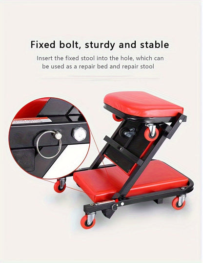 Foldable 2-in-1 Mechanic Creeper & Rolling Seat 300LB | 36 Inch Z-Crawler with 6 Swivel Wheels, Adjustable Headrest, Folding Car Repair Creeper for Garage Workshop – Black & Red