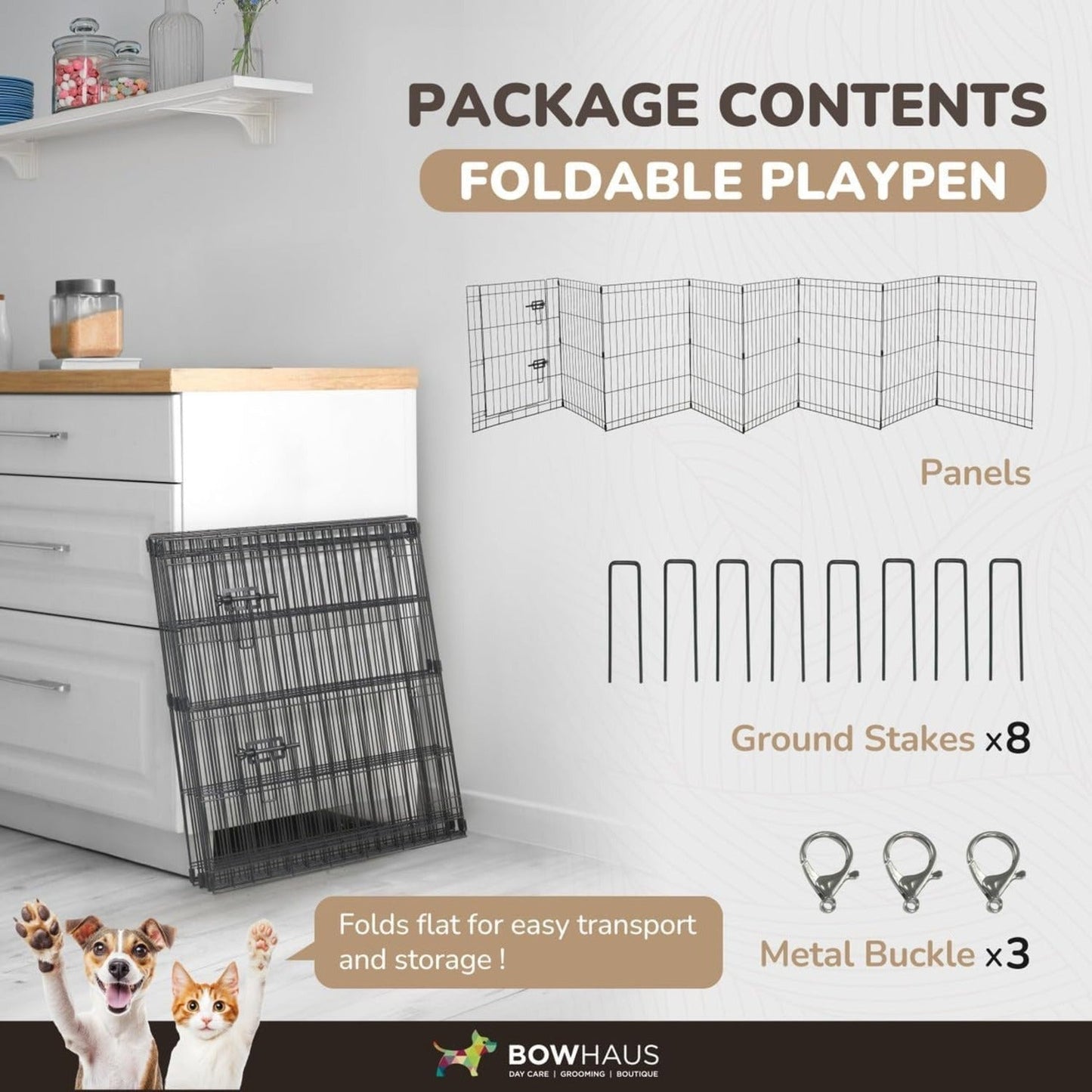 Foldable Dog Playpen 8 Panel – Heavy-Duty Metal Pet Kennel with Gate for Indoor & Outdoor Use, Portable Exercise Fence Cage for Small Dogs & Animals, Available in 24"/30"/36" Heights