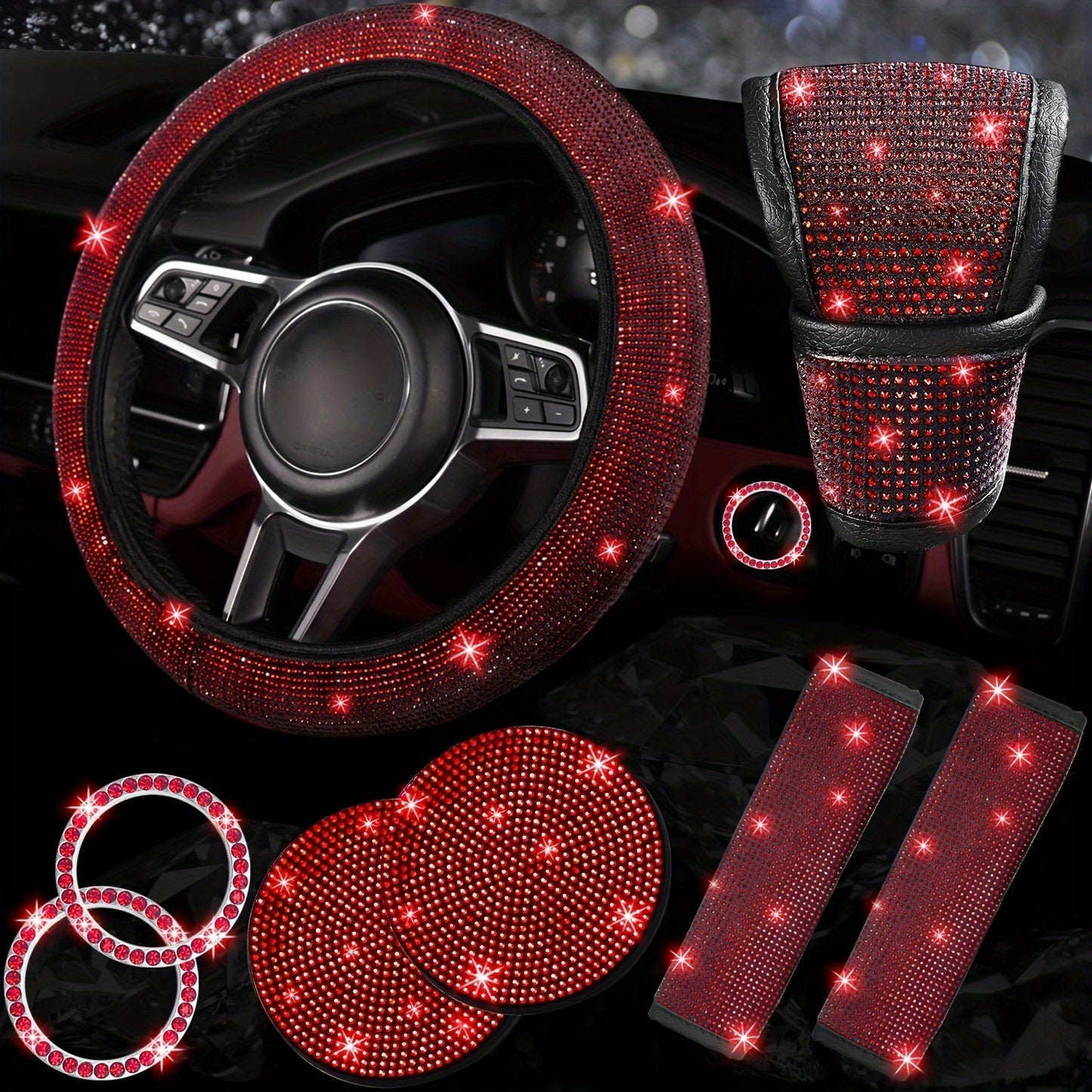 8pc Rhinestone Bling Car Accessories Set for Women – Steering Wheel Cover, Coasters, Seatbelt Pads, Starter Rings & Shift Knob Cover, 7 Colors, Sparkly Glitter Interior Kit