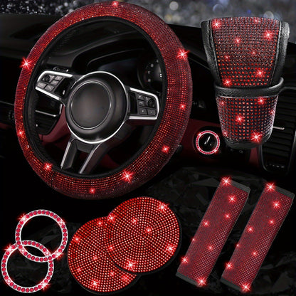 8pc Rhinestone Bling Car Accessories Set for Women – Steering Wheel Cover, Coasters, Seatbelt Pads, Starter Rings & Shift Knob Cover, 7 Colors, Sparkly Glitter Interior Kit