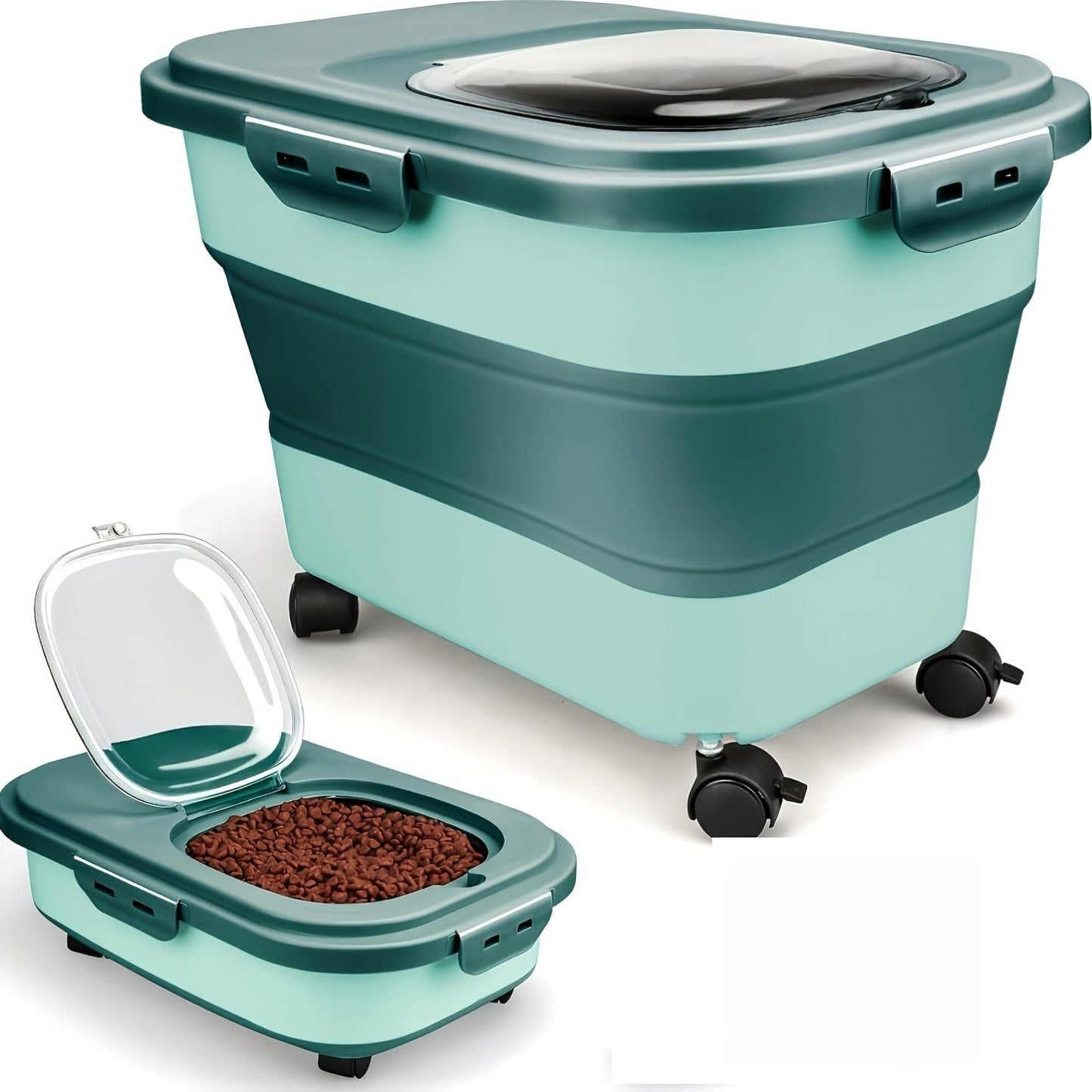 Foldable Pet Food Storage Container with Airtight Lid & Wheels – Large Capacity Moisture-Proof Dog Cat Food Bin 5–30 LBS, Collapsible Storage for Pet Food, Grains & Flour, Gray Green Pink