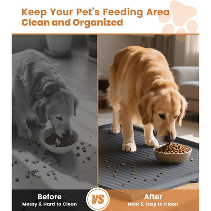 Waterproof Pet Feeding Mat 36"x24" Large Non-Slip Dog & Cat Food Mat – Raised Edges, Diversion Grooves, Easy to Clean, Dog Bowl Mat for Food & Water, Grey