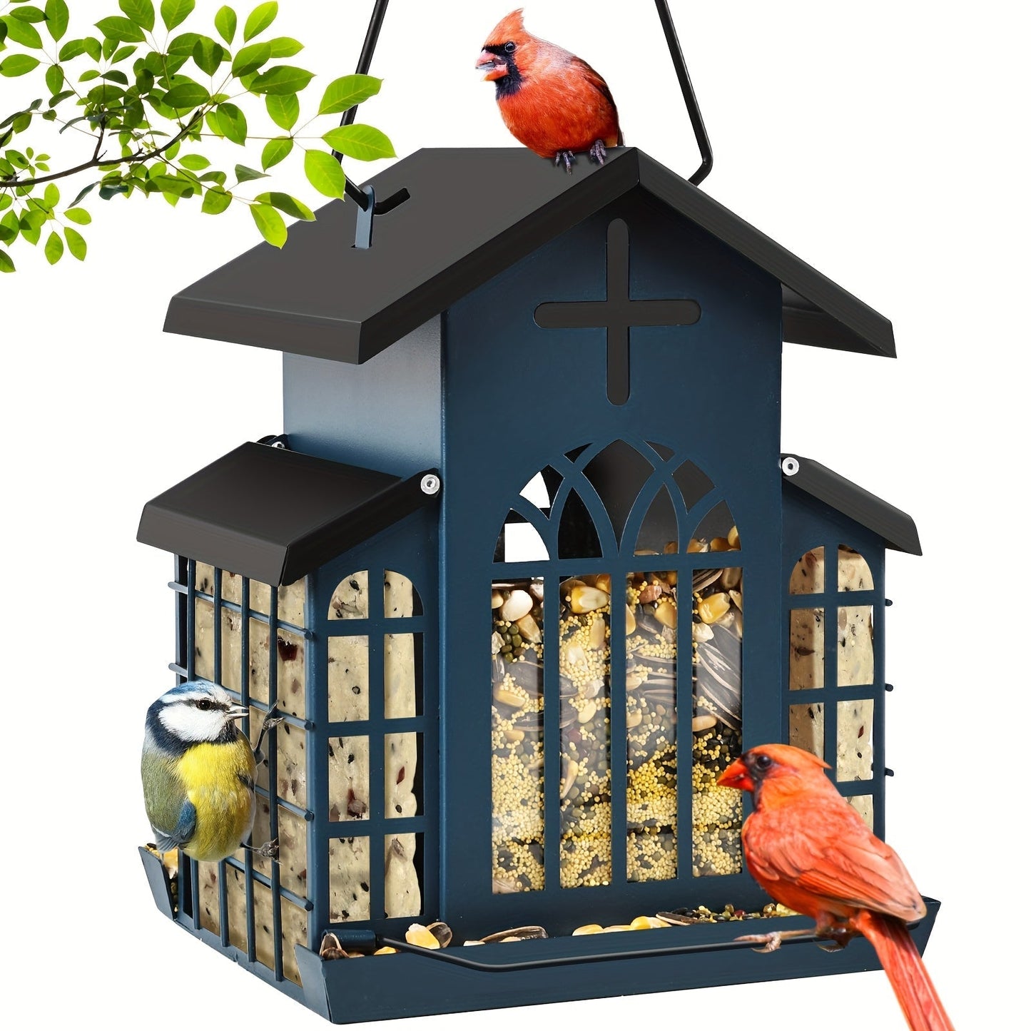 Vintage Metal Wild Bird Feeder for Outside – Triple Feeders for Finch, Cardinal & Chickadee, Large Capacity Metal Mesh Design with Easy-Hang Chains & Window Cut-Outs, 7 Style Options