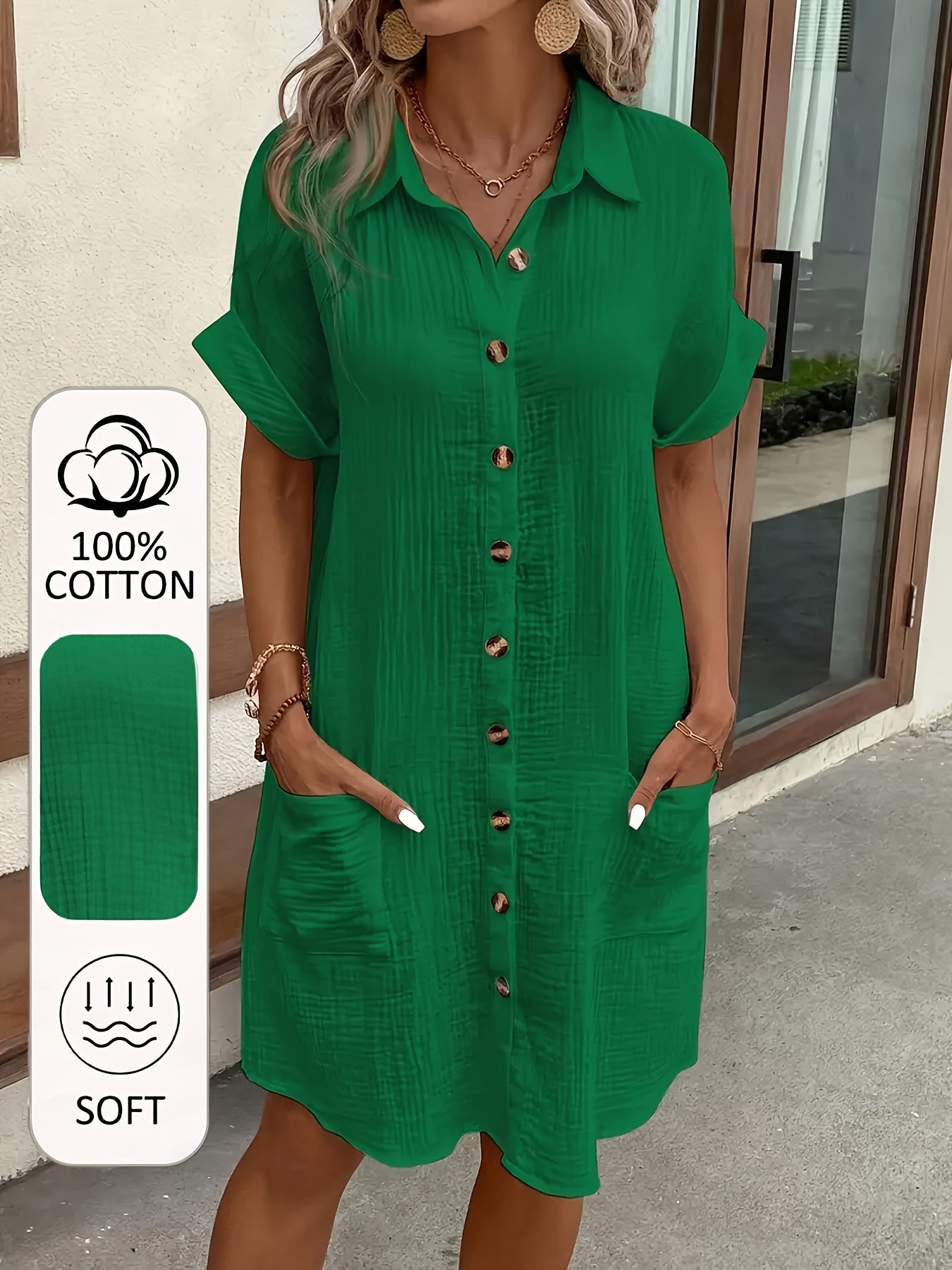 Women's V-Neck Short Sleeve A-Line Shirt Dress – Button-Front Soft Breathable Casual to Semi-Formal Blouse Dress, 5 Colors, Inclusive Sizes S-XXL