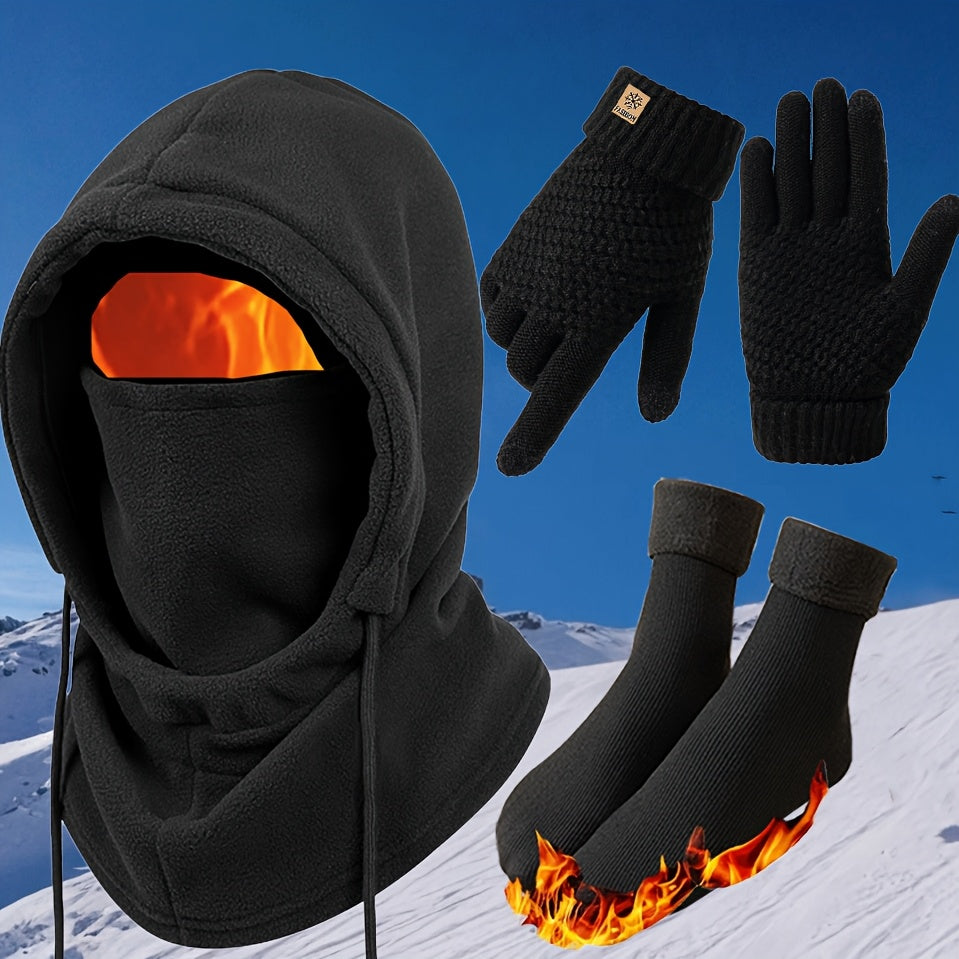 Winter Thermal Set 3/4pcs Windproof Face Mask Touchscreen Gloves Thick Fleece Socks Cold Weather Gear for Snowboarding Skiing Hiking Ice Fishing – Lightweight Warm Outdoor Accessories Bundle