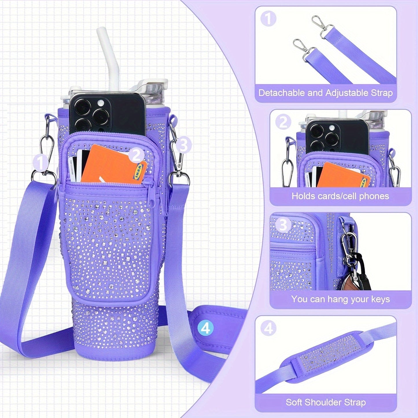 Neoprene Tumbler Carrier Bag with Phone Pocket & Adjustable Shoulder Strap – Fits 30 & 40 oz Tumblers, Clip-On Water Bottle Holder for Hiking, Camping & Outdoor Sports, 4 Colors