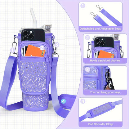 Neoprene Tumbler Carrier Bag with Phone Pocket & Adjustable Shoulder Strap – Fits 30 & 40 oz Tumblers, Clip-On Water Bottle Holder for Hiking, Camping & Outdoor Sports, 4 Colors
