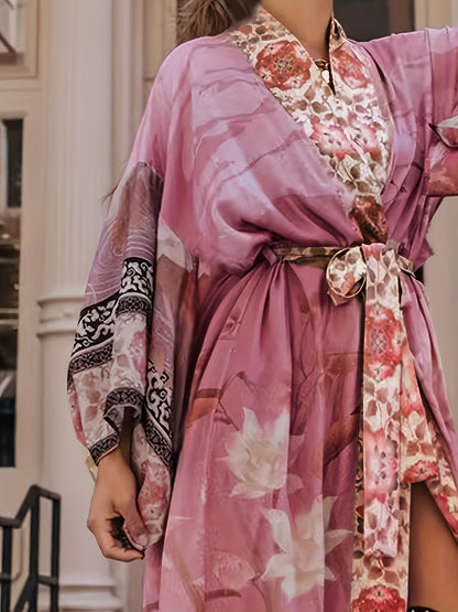 Women's Beach Kimono Cover Up Floral Crane Pattern Long Sleeve Loose Fit Cardigan Swimwear Cover-Up for Beach Pool Vacation Resort One Size