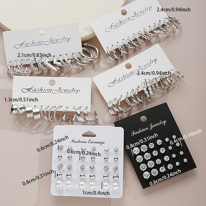 102-Piece Women's Earrings Set - Elegant Imitation Pearl Rhinestone Hoop Ear Cuffs Heart & Geometry Studs, Stainless Steel Hypoallergenic Fashion Jewelry for Daily Wear Parties Dates & Gifts