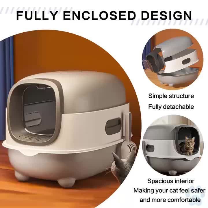 Covered Cat Litter Box with Scoop – Spacious Fully Enclosed Spill-Proof Design, Easy to Clean & Store, Ideal for Small to Medium Cats, Available in Gray Purple & Blue