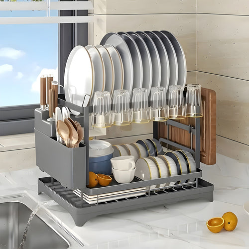 Two-Tier Dish Drying Rack with Drainboard – Metal Kitchen Dish Drainer for Counter, 2-Level Dish Holder for Plates, Cups, Bowls & Utensils, Black Gray White, Standard & Plus Size