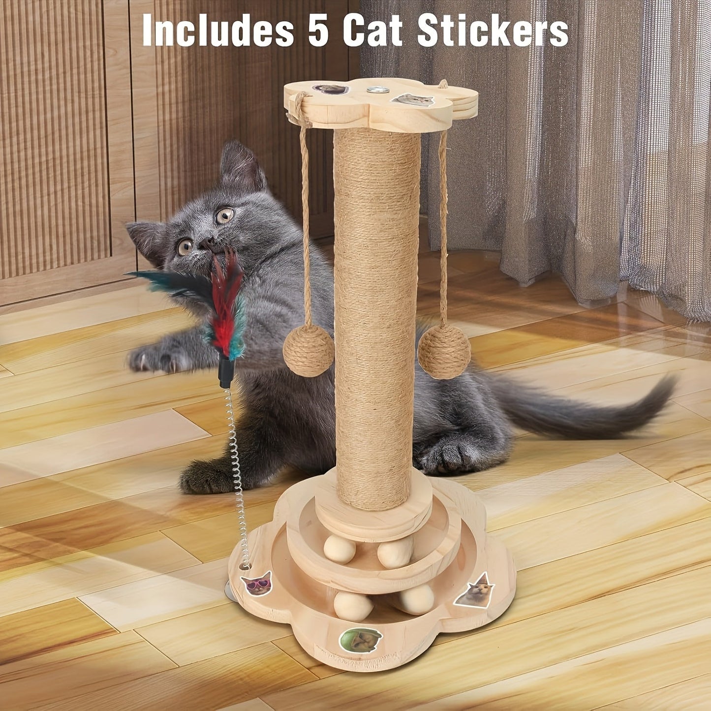 5-in-1 Wooden Cat Scratching Post Toy for Indoor Cats Tall Sisal Post 2-Level Track Ball Interactive Feather Toy Hanging Balls Cat Furniture for Kittens Adults