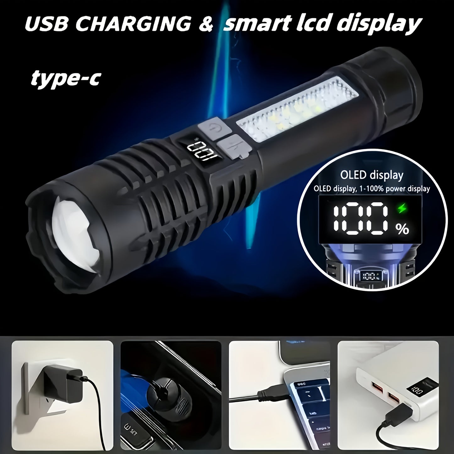 2 Pack Rechargeable LED Tactical Flashlight with Telescopic Zoom, COB Side Light & 5 Modes, High Power Handheld Flashlight USB-C for Camping Hiking Biking Emergency – Best Gift for Him