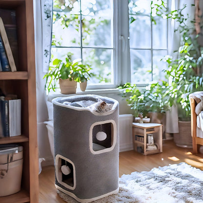Foldable Multi-Level Cat Tree Tower for Indoor Cats - Scratch-Resistant Cat House with Cozy Top Bed Hideaway and Bell Balls, 1 to 3 Layers Cat Furniture for Climbing Playing and Resting