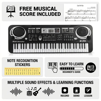 61-Key Electronic Piano Keyboard for Beginners - Built-In Microphone, Printed Music Sheets & USB Power, Complete Starter Kit for Kids & Adults, Perfect Birthday Gift for Music Lovers