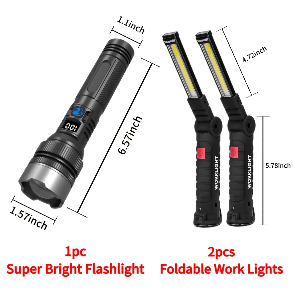 Rechargeable COB LED Work Light with Magnetic Base – 1000 Lumen Portable Camping Flashlight, 5 Modes, USB-C, Hanging Lamp for Garage Yard Emergency Outdoor Use, 2/3/4 Pack