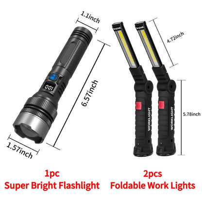 Rechargeable COB LED Work Light with Magnetic Base – 1000 Lumen Portable Camping Flashlight, 5 Modes, USB-C, Hanging Lamp for Garage Yard Emergency Outdoor Use, 2/3/4 Pack
