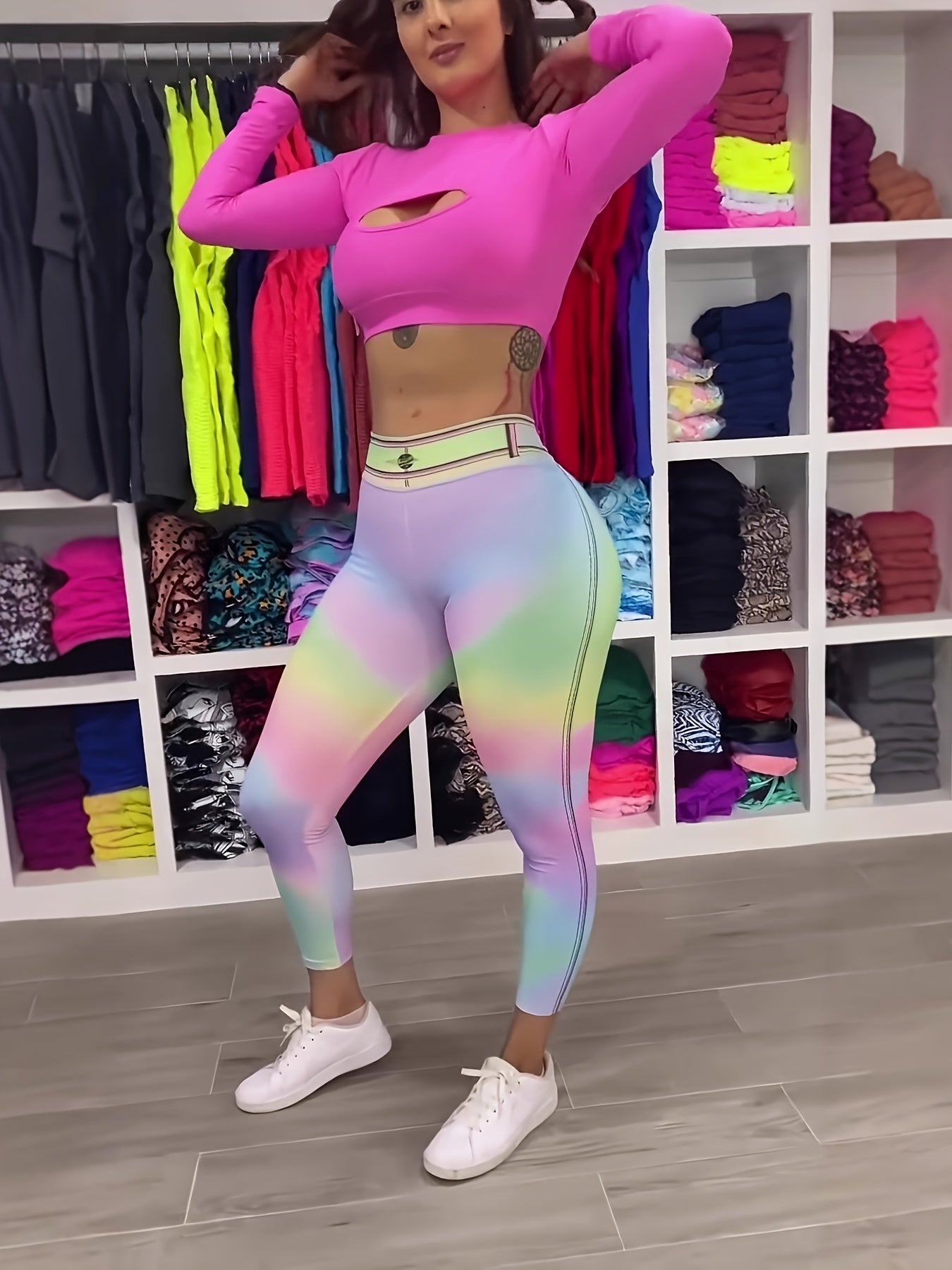 Women's High Waisted Butt Lifting Rainbow Gradient Leggings, Denim Pocket Print Stretchy Yoga Pants 69% Polyester 31% Elastane for Workout Casual Wear – Spring Fall Cropped Sports Pants