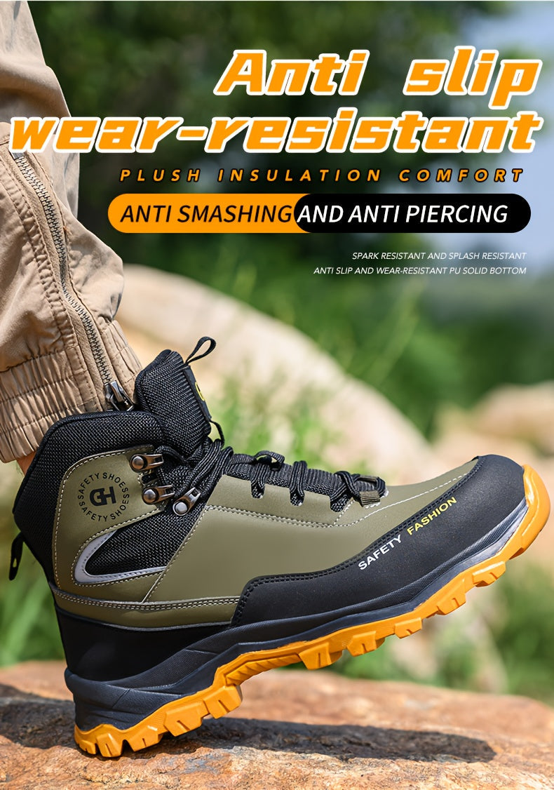 Steel Toe Work Boots for Men Heavy Duty All-Terrain Rubber Sole Cushioned Insole Arch Support Four-Season Construction Industrial Farm Outdoor Boots Black Army Green Sizes US 6-11