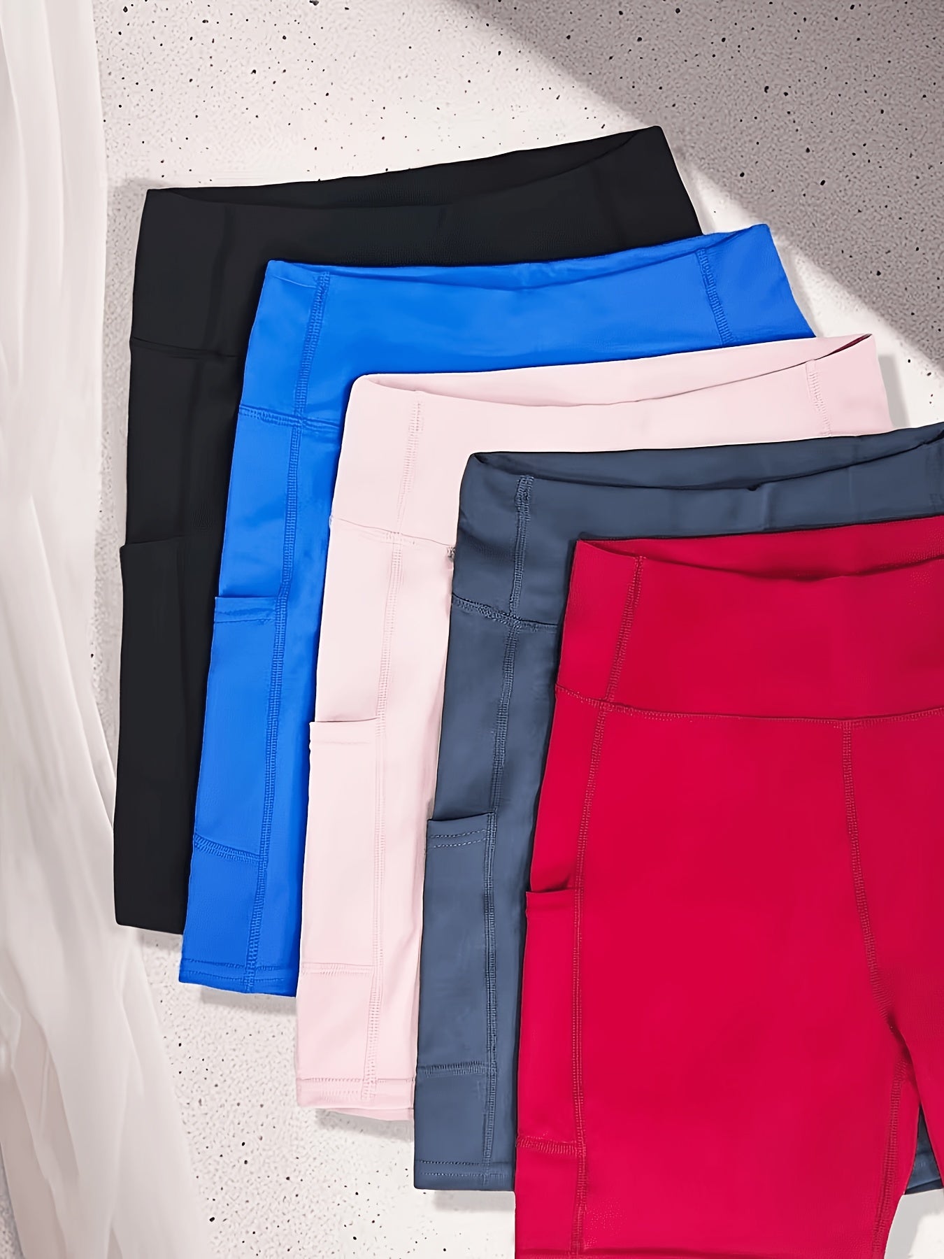 Women's High-Waisted Cycling Shorts 5-Pack with Pockets – Yoga Gym Running Workout Shorts, Stretch Polyester Fabric, Sizes M to XXL, Mixed Colors Set for Active Women
