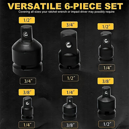 6-Piece Impact Adapter & Reducer Set 1/4" to 3/4" Drive – Chrome-Moly Steel Female-to-Male Air Square Drive Conversion Wrench Kit with Ball-Retaining Lock & Protective Cover for Auto Repair